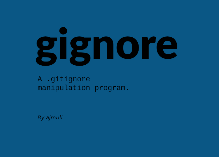 dark cyan rectangle (200 * 280px) with large text reading "gignore" and smaller text below it reading "The flexible .gitignore manipulation program." Underneath that is even smaller text (italicized) reading "by ajmull."